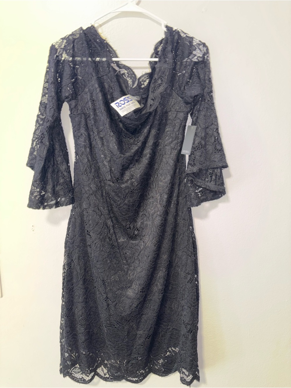 Black Lace Long-Sleeve Draped Neck Dress